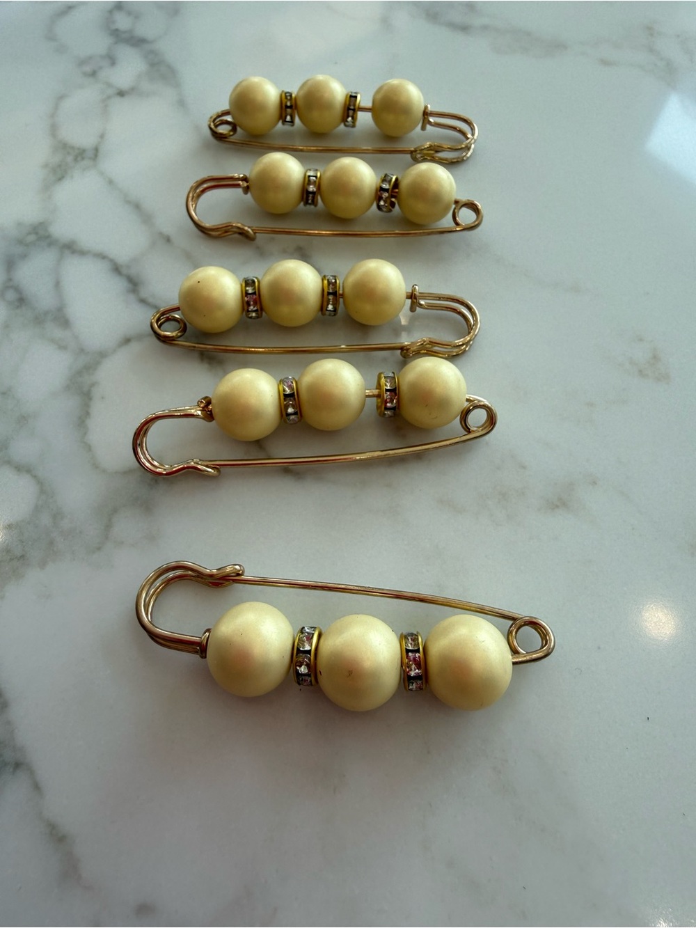 Handmade Gold Safety Pins w/pale yellow pearls